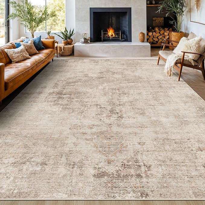 Tan Rugs for Living Room - 10x12 Vintage Large Floor Carpet Rug for Dining Room Under Table, Washable Non Slip with Rubber Backed