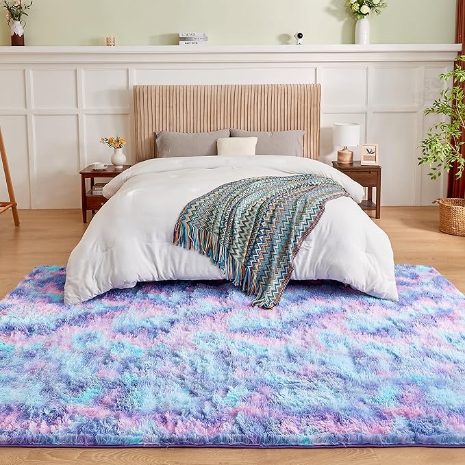 Andency Soft Area Rugs for Living Room Bedroom, 3x5 Non-Slip Fluffy Shag Carpet, Indoor Floor Fuzzy Shaggy Living Room Plush Rug for Kids Dorm Nursery Home Decor Aesthetic, Tie-Dyed Unicorn Rainbow