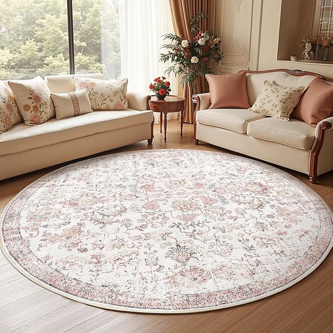 jinchan Kalen Round Rug 7ft Area Rug Washable Vintage Indoor Retro Accent Floor Cover Distressed Floral 7' Round Circle Boho Non Slip Thin Carpet for Living Room Dining Room Bedroom Kitchen Red