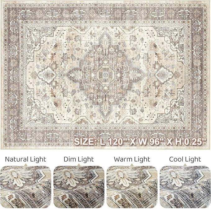 8x10 Area Rugs Living Room: Washable Boho Large Neutral Vintage Soft Rug Stain Resistant Farmhouse Non Slip Indoor Floor Carpet for Bedroom Nursery Kids Playroom Office Dining Room Home Decor- Brown