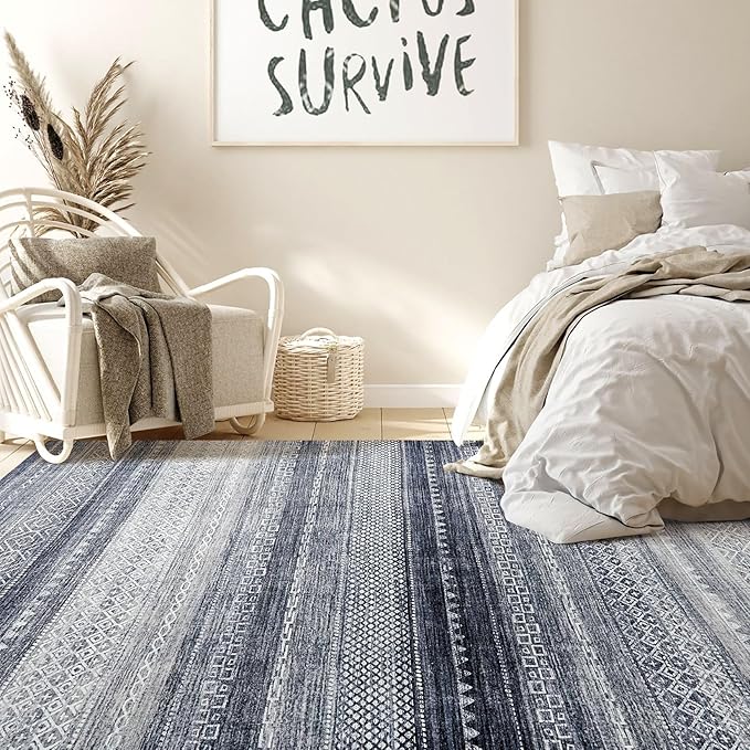 Nakagishi 12x15 Area Rug Living Room: Washable Boho Large Neutral Modern Soft Stain Resistant Farmhouse Indoor Floor Rug Non-Slip Carpet for Bedroom Nursery Kids Playroom Office Dining Room- Blue