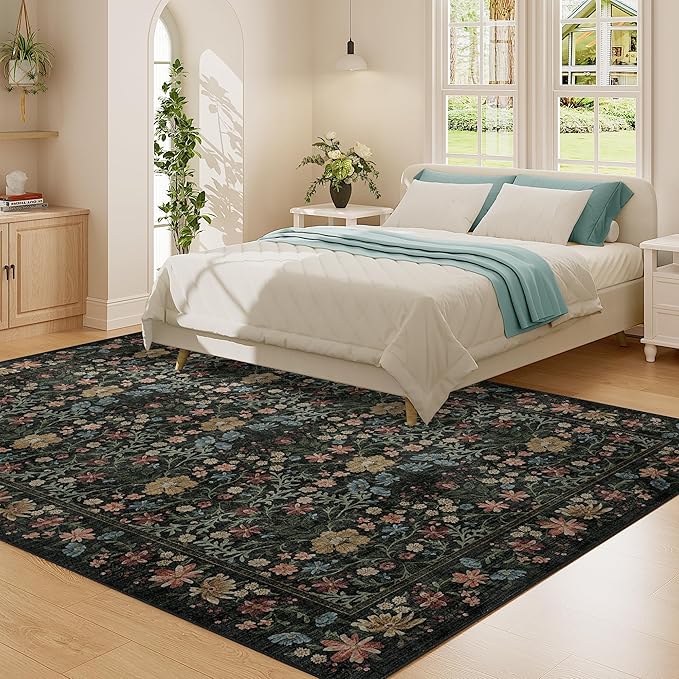 DUKINO 5x7 Area Rugs, Floral Washable Rugs for Bedroom with Non Slip Backing, Vintage Low Pile Indoor Floor Carpets for Bedroom, Living Room, Farmhouse, Home Office, Dining Room, Black