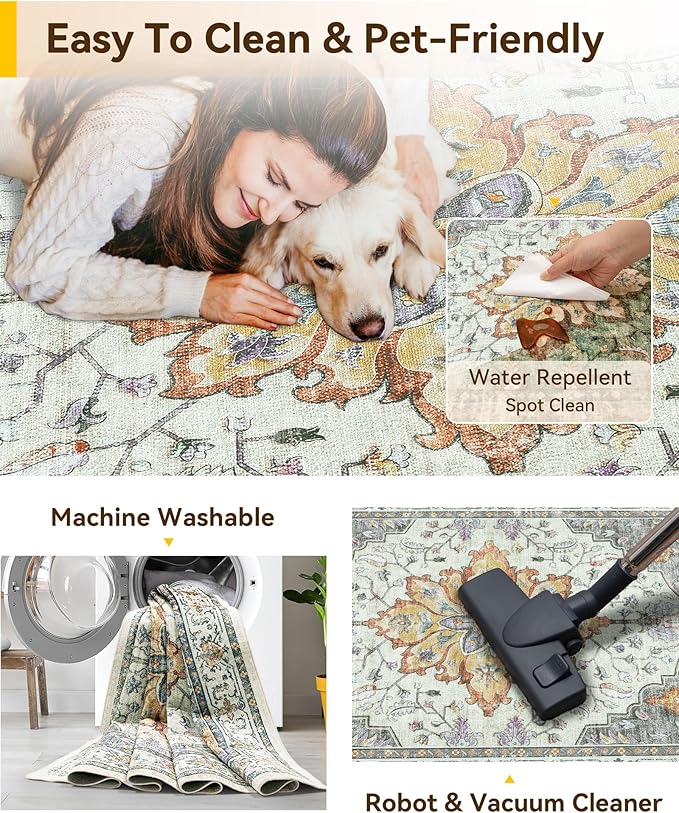 Area Rugs Square 10ft Washable Non-Slip, Floral Vintage Distress Print Pattern Medallion Carpet for Living Room Bedroom Dining Room, Light Yellow Carbon Grey Orange