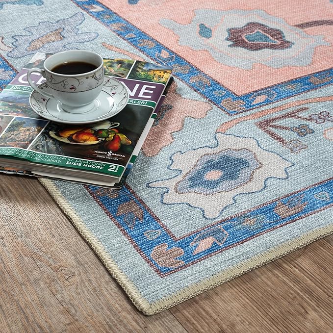 Fame Living Modern Oushak Rug, Vintage, Turkish, Eclectic, Floral, Pastel, Washable, Area Rugs for Living Room, Dining, Bedroom, Nursery, Girls, Boys, 5'9"x8'9"