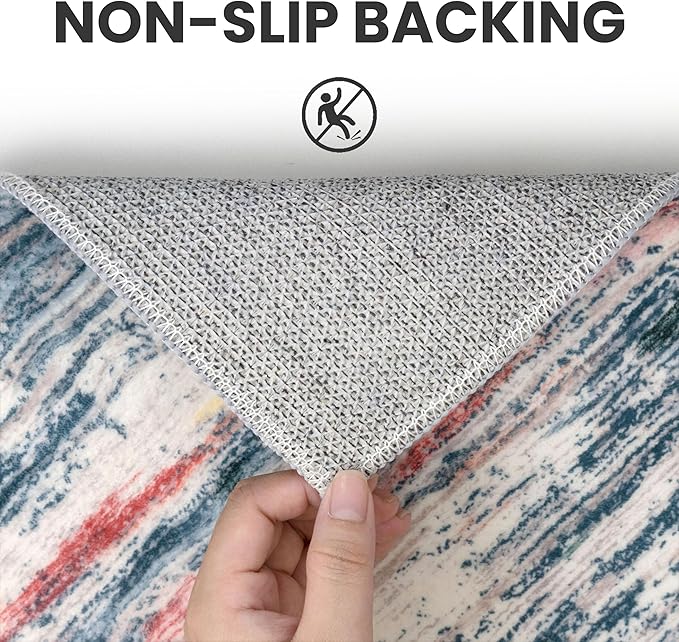 3x5 Modern Abstract Area Rug for Entryway, Teal Blue Peach Gray Multi Super Soft Washable Rug with Non-Slip, Low-Pile Door Mat Indoor for Living Room Bedroom, Living Carpet with Non-Shedding