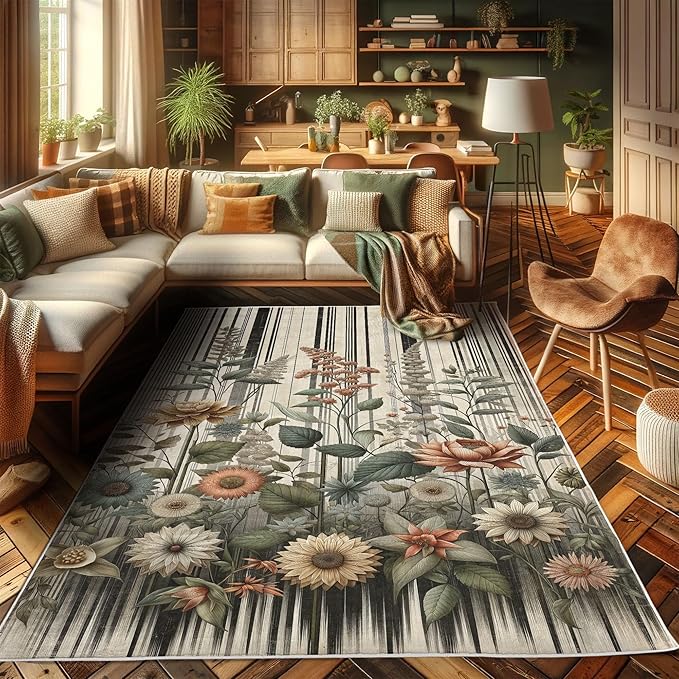 Ambesonne Botanical Decorative Rug, Nostalgic Garden Pattern with Flowers and Leaves on Retro Stripes, Quality Carpet for Bedroom Dorm and Living Room, 5' 1" X 7' 5", Sage Green and Salmon
