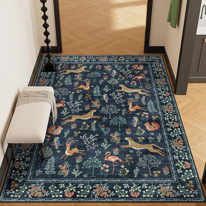 DUKINO 3x5 Rug, Washable Animal Area Rug with Non Slip Vintage Design, Indoor Soft Low Pile Carpet for Bedroom, Nursery, Dining Room, Farmhouse, Playroom, Navy Blue
