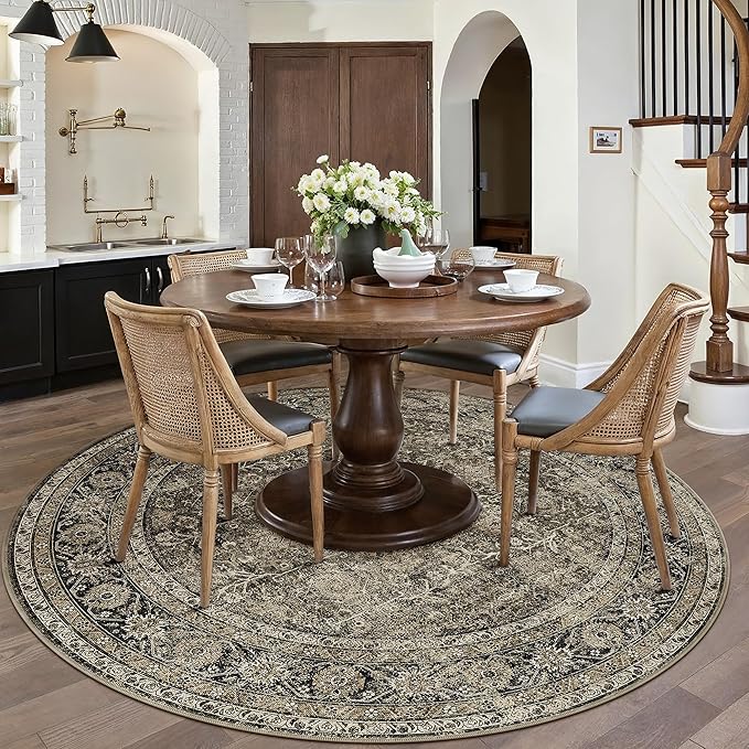Brown Round Area Rug 6ft Washable 6x6 Circle Vintage Low Pile Indoor Large Kitchen Living Room Carpet Non Slip Traditional Distressed Retro Accent Throw Rug Office Dining Room