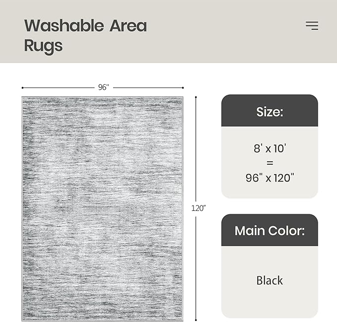 Valenrug Washable Rugs 8x10 - Non Slip 8x10 Area Rugs for Living Room, Stain Resistant Area Rugs for Bedroom, Foldable Machine Washable Area Rug(8'x10', Black)
