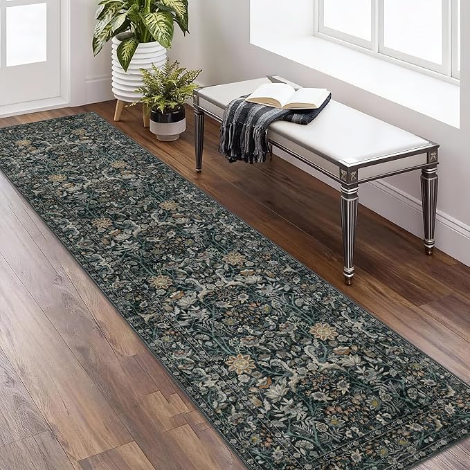 Washable Runner Rug 2x8: Vintage Boho Floral Carpet Runners for Hallway Entryway Non-Slip - Soft Botanical Low Pile Thin Mat for Kitchen Bathroom Bedroom Laundry Floor Decor - Dark Green
