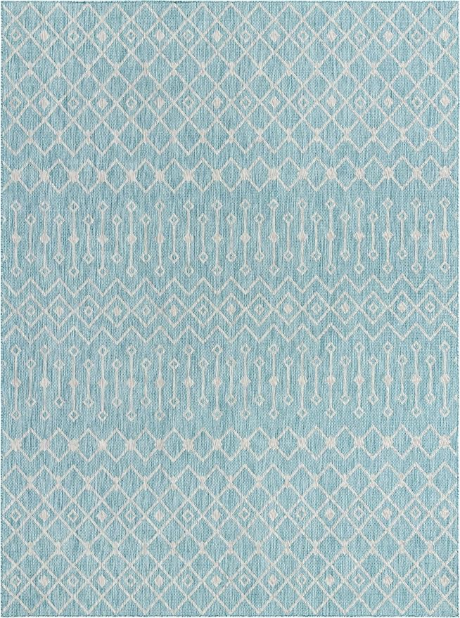 Unique Loom Outdoor Trellis Collection Area Rug - Tribal Trellis (10' x 13' 1" Rectangle, Aqua/ Ivory)