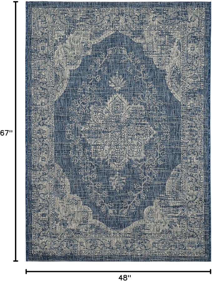 FH Home Outdoor Rug - Waterproof Easy to Clean Stain Resistant - Patio Indoor Outdoor Porch Deck Balcony Entryway - Vintage Distressed - Gorgan - Blue - 4ft x 5ft 7in