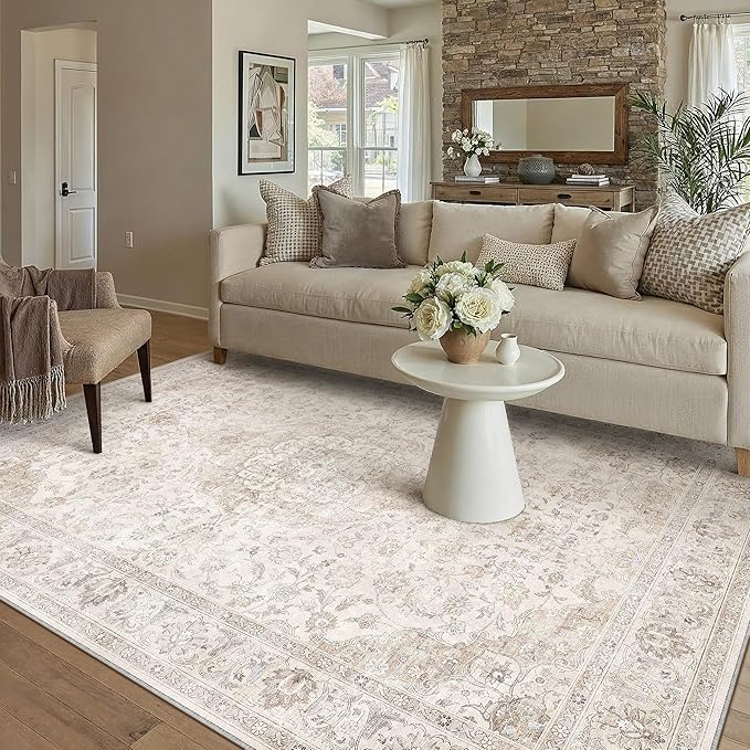HUGEAR Area Rug 5x7 Vintage Beige Machine Washable Living Room Rugs Thin Neutral Floral Vacuumable Low Pile Carpet Bedroom Office Dining Room Laundry Room Non Slip Soft Lightweight