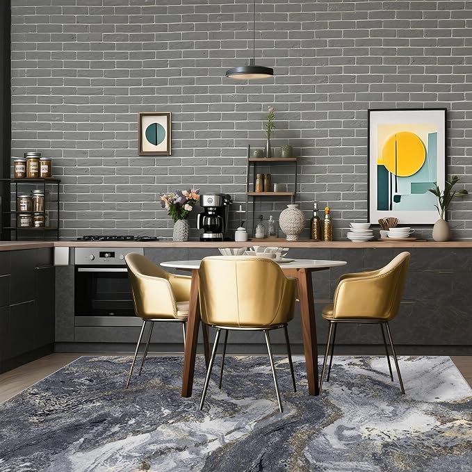 Abstract 10x14 Area Rugs: Modern Washable Rug for Living Room Bedroom Dining Room Indoor - Thin Low Pile Non-Slip Large Carpet - Black Gold