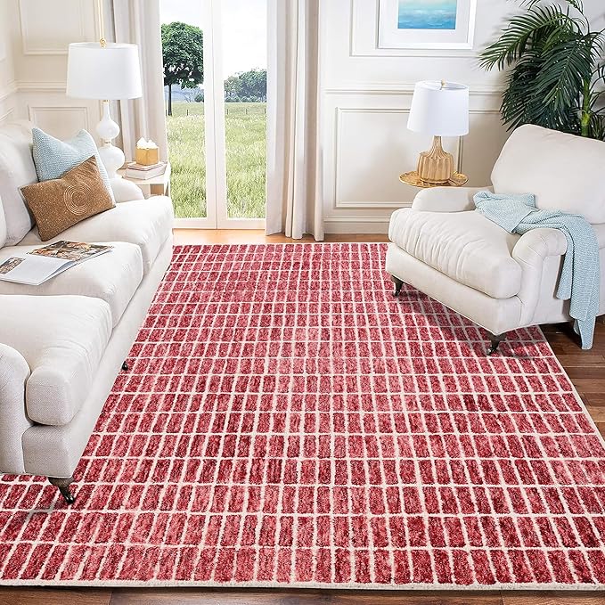 Hand-Tufted 100% Wool Area Rug – Unique Modern Geometric Grid Pattern, Soft Plush Textured Carpet for Living Room, Bedroom, Dining Room & Entryway (Brick Red, 3' x 5')