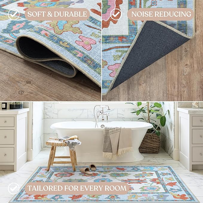 Fame Living Colorful Oushak Runner Rug, Modern Runners, Turkish, Eclectic, Floral, Pastel, Washable, Small Throw Rugs, Short Runner for Hallway, Entryway, Laundry, Foyer, Kitchen, Bathroom, 2'5"x6'5"