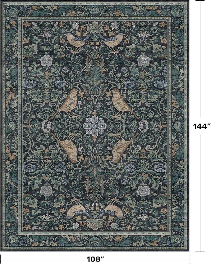 Washable 9x12 Area Rug for Living Room - Dark Blue Dining Rugs for Under Table, 9 by 12 Low Pile & Soft Boho Room Décor for Bedroom, Bird & Floral Design, Non-Slip