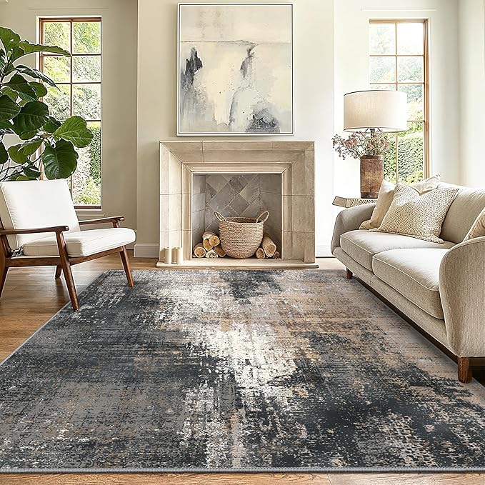 GENIMO Washable Area Rugs for Living Room, 8x10 Vintage Non Slip Rugs, Low Pile Lightweight Soft Print Rug for Bedroom, Dining Room, Home Office, Black Brown