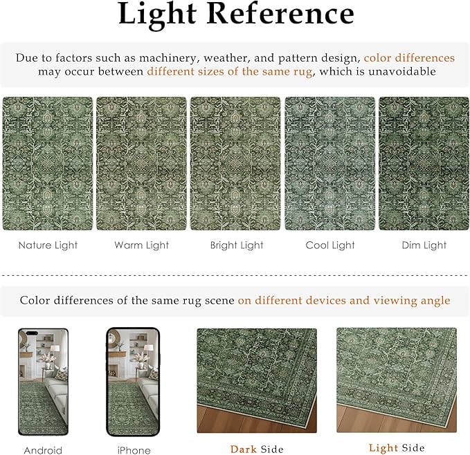 Area Rug 6x9 Green Washable Living Room Carpet Soft Non Slip Vintage Bedroom Indoor Office Traditional Retro Distressed Large Thicker Throw Rug for Dining Room Kitchen Playroom