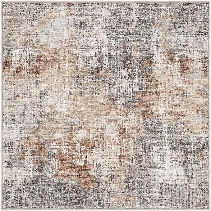 Square Area Rug Living Room Rugs - 5x5 Washable Large Soft Indoor Neutral Modern Abstract Low Pile Rug Carpet for Bedroom Dining Room Farmhouse Home Office - Grey Brown