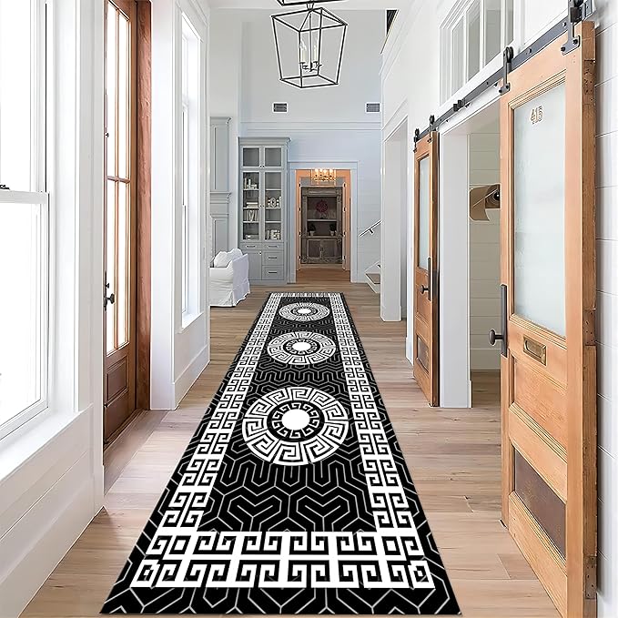 Modern Black White Geometric Kitchen Rug, 2x7ft, Greek Key Meander Design Entrance Rugs, Easy Clean Low Pile Washable Carpet, Soft Foldable No Crease Carpets for Porch Family