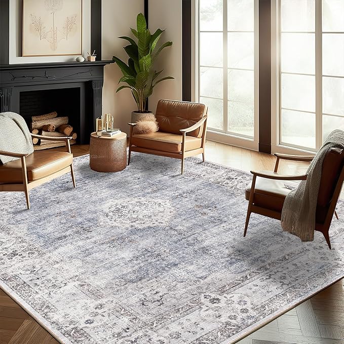 Washable Area Rug 8'x10' Retro Boho Design Non-Shedding Non-Slip Easy Care Ideal for High Traffic Areas in Living Room Bedroom Office Coffee Table Kitchen Large Carpet