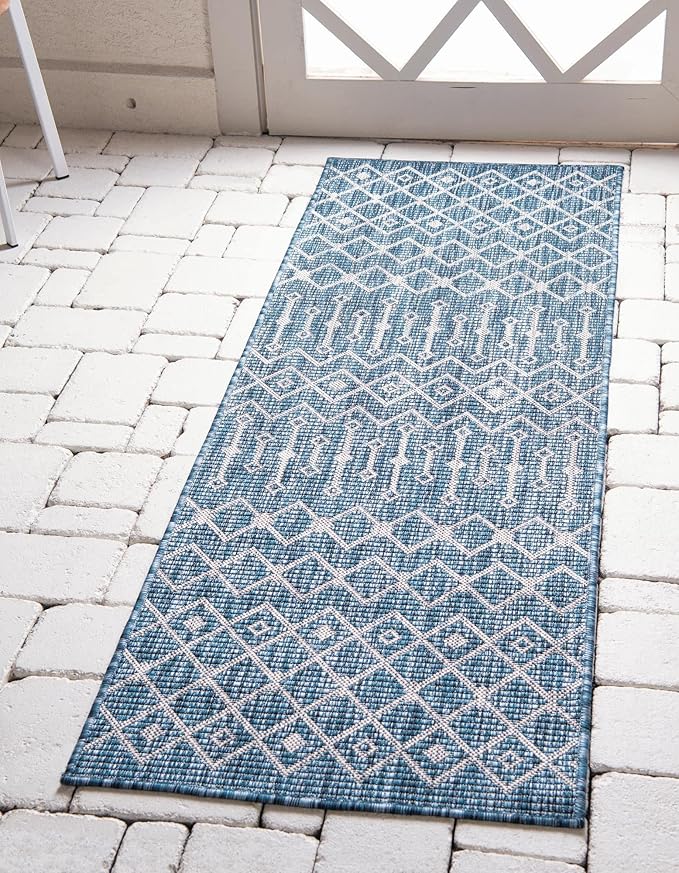 Unique Loom Outdoor Trellis Collection Area Rug - Tribal Trellis (2' 7" x 12' Runner, Blue/ Ivory)