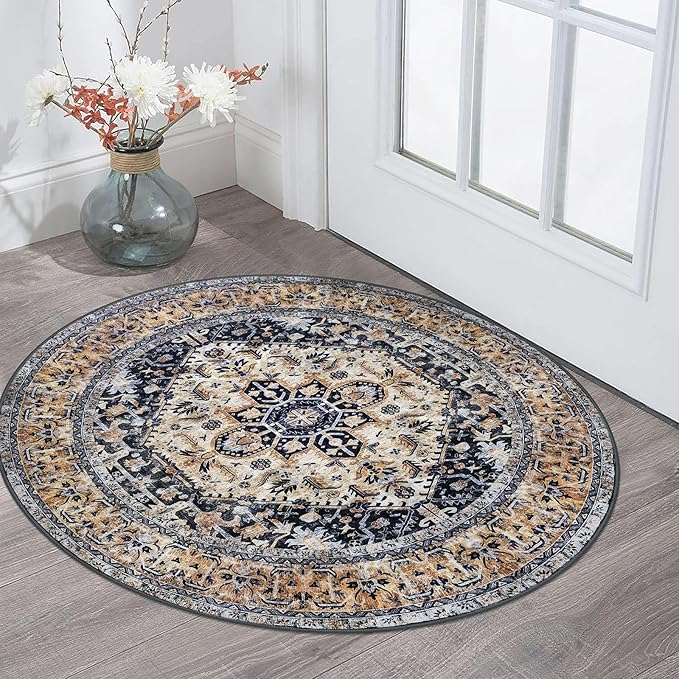 KOZYFLY Boho Round Rug 3 Ft Rugs for Entryway Washable Circle Rug Non Slip Doormat Gold Navy Printed Faux Wool Vintage Round Entryway Rug Floor Carpet Round for Entrance, Bedroom