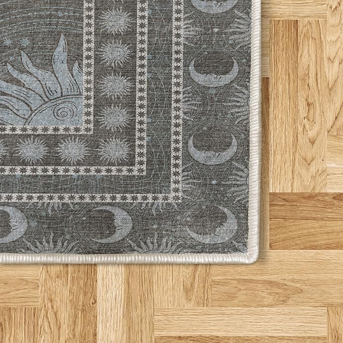 Ambesonne Sun and Moon Decorative Rug, Bohemian Artwork Design of Crescent Solar Ornament Esoteric Stars Ornaments, Quality Carpet for Bedroom Dorm and Living Room, 2' x 5', Pale Blue