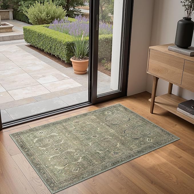2x3 Entrance Rug Machine Washable Rug Small Door Mat,Ultra-Thin Low Pile Pad,Lightweight Indoor Carpet,Non Slip Floral Area Rug for Entryway,Bedside,Kids Room,Laundry,Bathroom,Muted Green