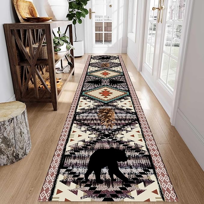 Bohemian Southwestern Animal Bear Pine Cone Long Runner, 2x8ft, Comfortable Breathable Vintage Rug for Kitchen Dining Room Office