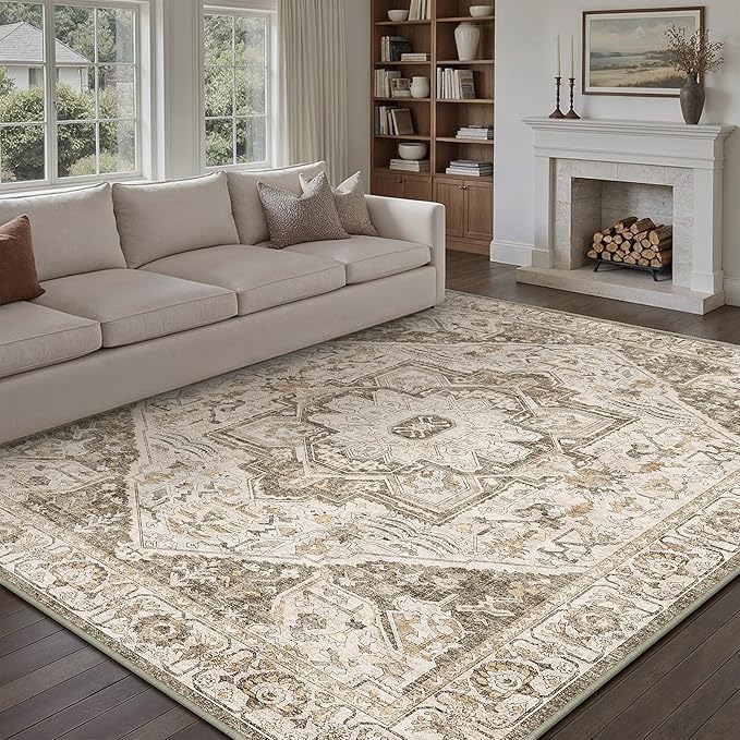 Brown Area Rug 9x12 Vintage Washable Distressed Living Room Carpet Large Indoor Non Slip Traditional Medallion Retro Low Pile Accent Throw Rug Bedroom Kitchen Office Dining Room