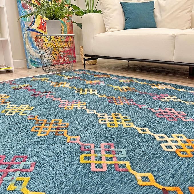 Alfa Rich 4x6 Moroccan Blue Washable Area Rugs for Living Room Bedroom Kitchen Decor Cotton Rug