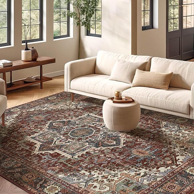 Kokia 6x9 Washable Area Rugs Maroon with Vintage Orient Design, Soft Rug for Living Room or Bedroom, Non-Slip Low Pile Stain Resistance Features, Distressed Medallion Pattern
