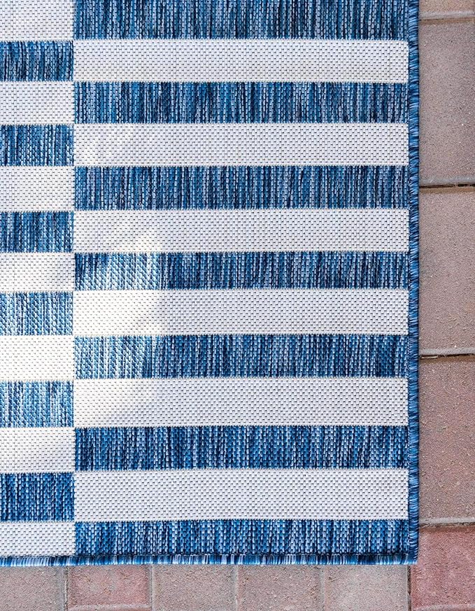 Unique Loom Outdoor Collection Classic Stripes, Transitional Indoor & Outdoor Area Rug, (8' 0 x 11' 0, Navy Blue/ Ivory