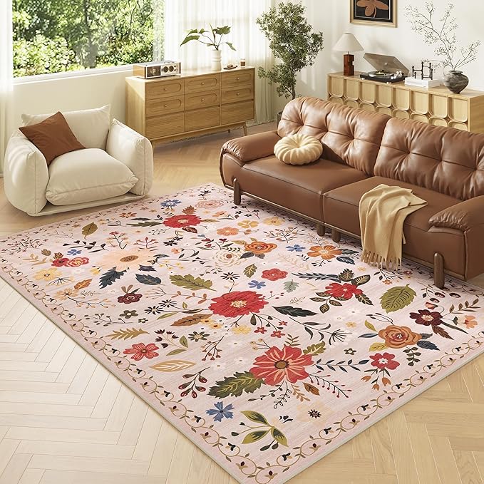 5x7 Washable Rug for Living Room, Pink Floral Area Rug, Non Slip Low Pile Soft Flower Carpet, Large Rugs for Bedroom, Dining Room, Office, Kids Playroom, Nursery, Pink/Beige
