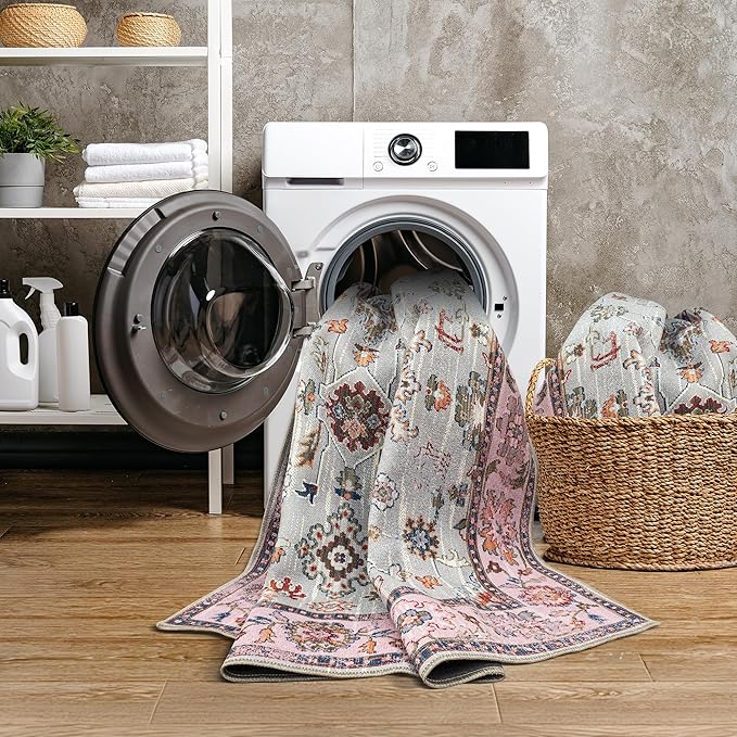 GLN Rugs Traditional Collection - Machine Washable Area Rug, Traditional Washable, Non Slip, Low Pile Chenille Rug, Living Room, Bedroom, Kitchen Rug (2' x 3' Pink/Blue/Multicolor)