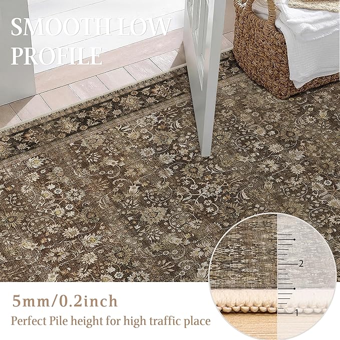 HUGEAR 3x12 Runner Rug Machine Washable Brown Hallway Area Rug Indoor Accent Rug Floral Low Pile Carpet Soft Throw Rug Bedroom Living Room Office Dining Room Kitchen Laundry Room Non Slip