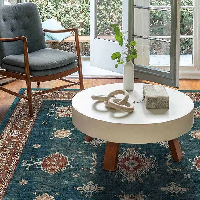 RUGGABLE Washable Vintage Area Rug – Verena Teal Blue 5x7, Stain-Resistant, Non-Slip – Medium Machine Washable Rugs for Living Room, Bedroom, Hallway, Entryway & Office–with Cushioned Pad