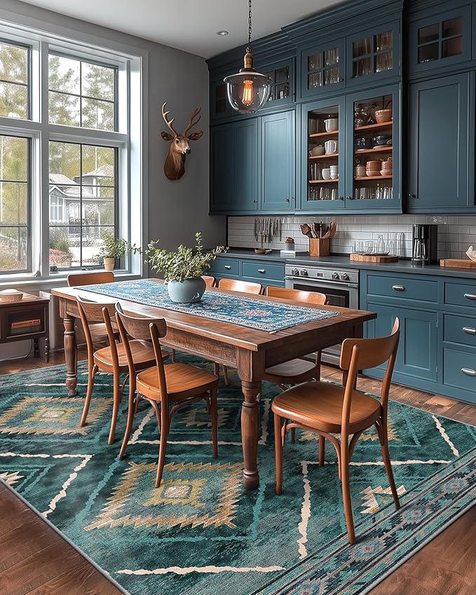 Area Rug 6x9 Rug Machine Washable Non-Slip Low Pile Print Pattern Western Rug for Living Room Bedroom Entryway Tribal Series -Teal/Green