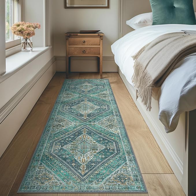 Bavni Runner Rug 2x10 Kitchen Rugs for Hallways Entryway, Washable Vintage Print Carpet, Ultra-Thin Chenille Low Pile Lightweight Rug with Non Slip Backing, Blue/Green