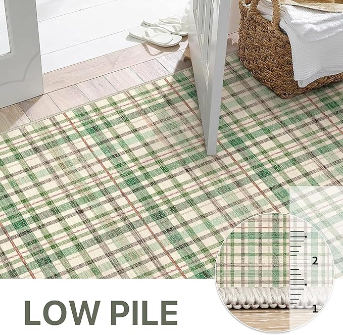 Bavni 3x5 Washable Rug Modern Plaid Area Rugs Non-Slip, Small Rugs for Hallway Throw Rugs Soft Low Pile Stain Resistant Bedroom, Living Room, Kitchen, Home Decor, Green Plaid