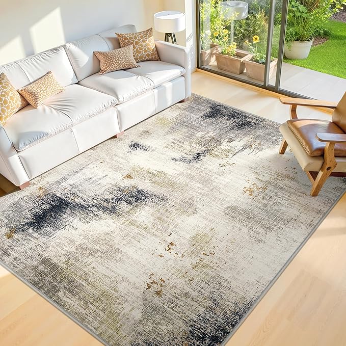 4x6 Washable Area Rugs - Modern Abstract Rugs for Living Room Non-Slip Low Pile Soft Machine Washable Carpet for Bedroom, Dining Room, Nursery, Home Office, Farmhouse (4'x6' Beige Tan)