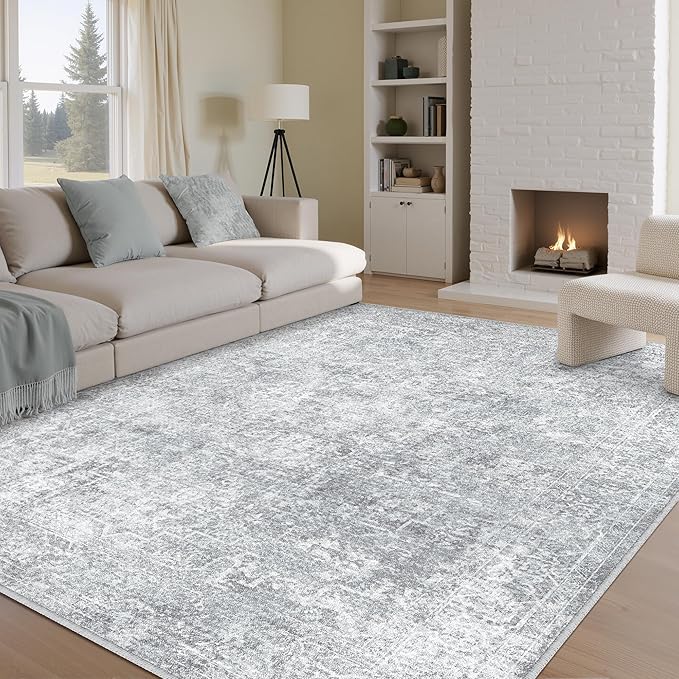 9x12 Area Rug Washable Vintage Living Room Carpet Large Indoor Non Slip Grey Bedroom Distressed Low Pile Retro Accent Throw Rug for Dining Room