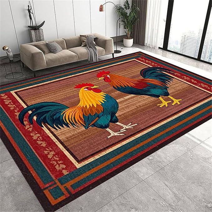 Rustic Rooster Area Rug，5x8ft,The Colorful Rooster Rug in A Farmhouse Style Adds Natural Vitality to Your Home，Soft and Comfortable Easy to Clean Carpet Suitable for Living Room Bedroom Kitchen