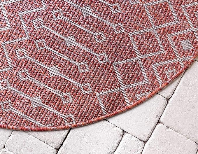 Unique Loom Outdoor Trellis Collection Area Rug - Tribal Trellis (4' 1" Round, Rust Red/ Ivory)