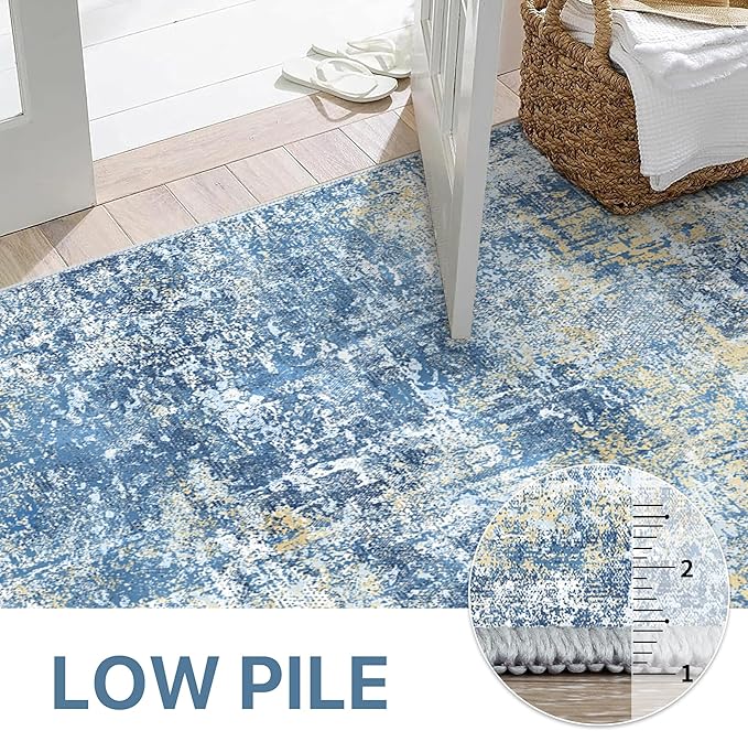 Bavni 8x10 Area Rugs Machine Washable Rug for Living Room, Modern Printed Rug Indoor Soft Area Rug for Bedroom Dining Room, Ultra-Thin Low Pile Carpet with Non Slip Rubber Backing, Denim Blue