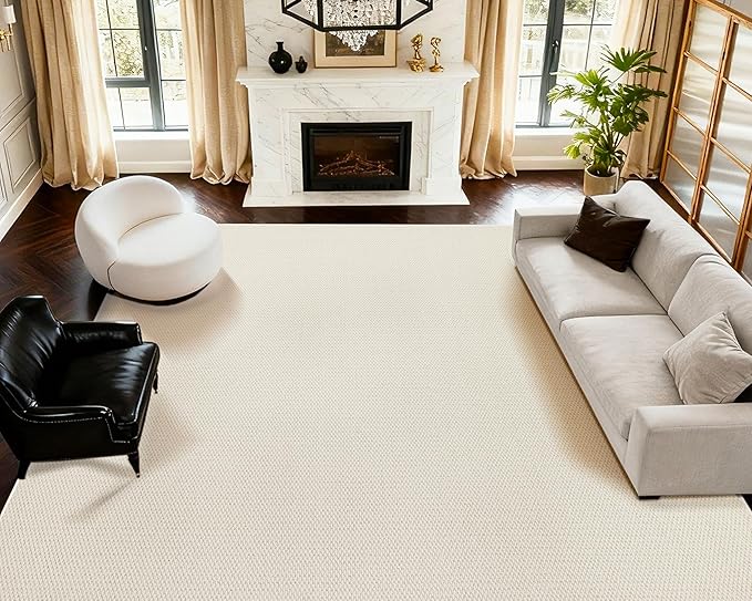 ANSSO Wool Rugs 8x10 for Living Room,80% Merino Wool and 20% Cotton Soft Tufted Area Rug with Cotton Non-Slip Backing,Large Area Rug for Bedroom Bedroom, Dining and Home Office (Cream White)