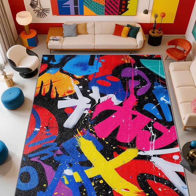 Pop Art Rug - 8x10 Rug,Colorful Geometric Abstract Area Rugs,Retro Funky Art Non Slip Shed Resistant Extra Large Carpets Home Decor #C078