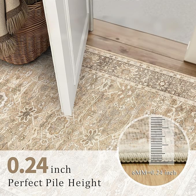 3x5 Washable Area Rug for Living Room Bedroom Dining Room Non-Slip Low Pile Boho Vintage Distressed Entryway Rug Traditional Floral Retro Accent Throw Carpet for Dining Room Bathroom Kitchen Beige